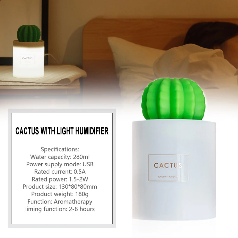 Ultrasonic Humidifier Aroma Diffuser Creative Cactus 280ML Moisture Dry-Fire Protection Bedroom Home Decoration |