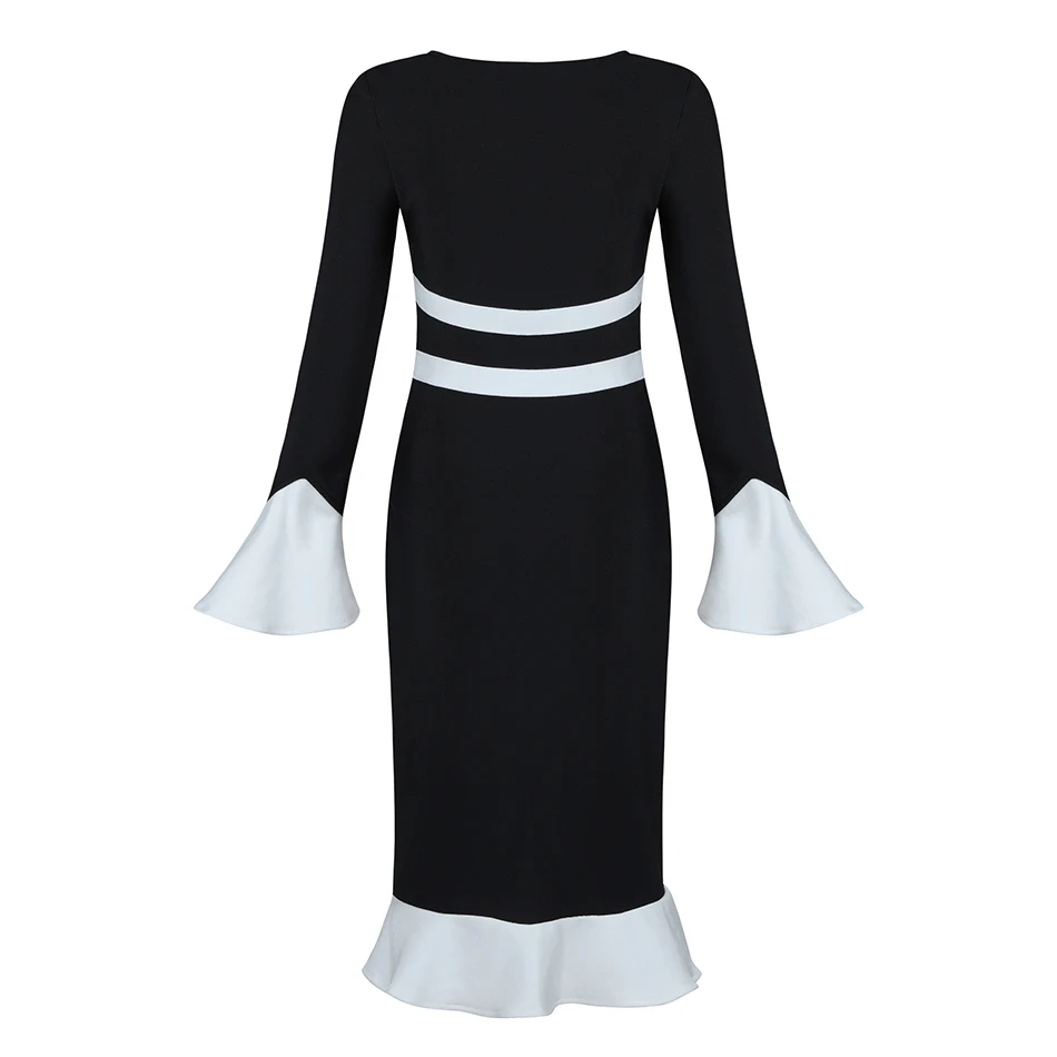 Miss Water 2018 New White Black Women Bandage Dress Office Lady Sheath Strtiped Full Length Cascading Ruffle Flare Sleeve | Женская