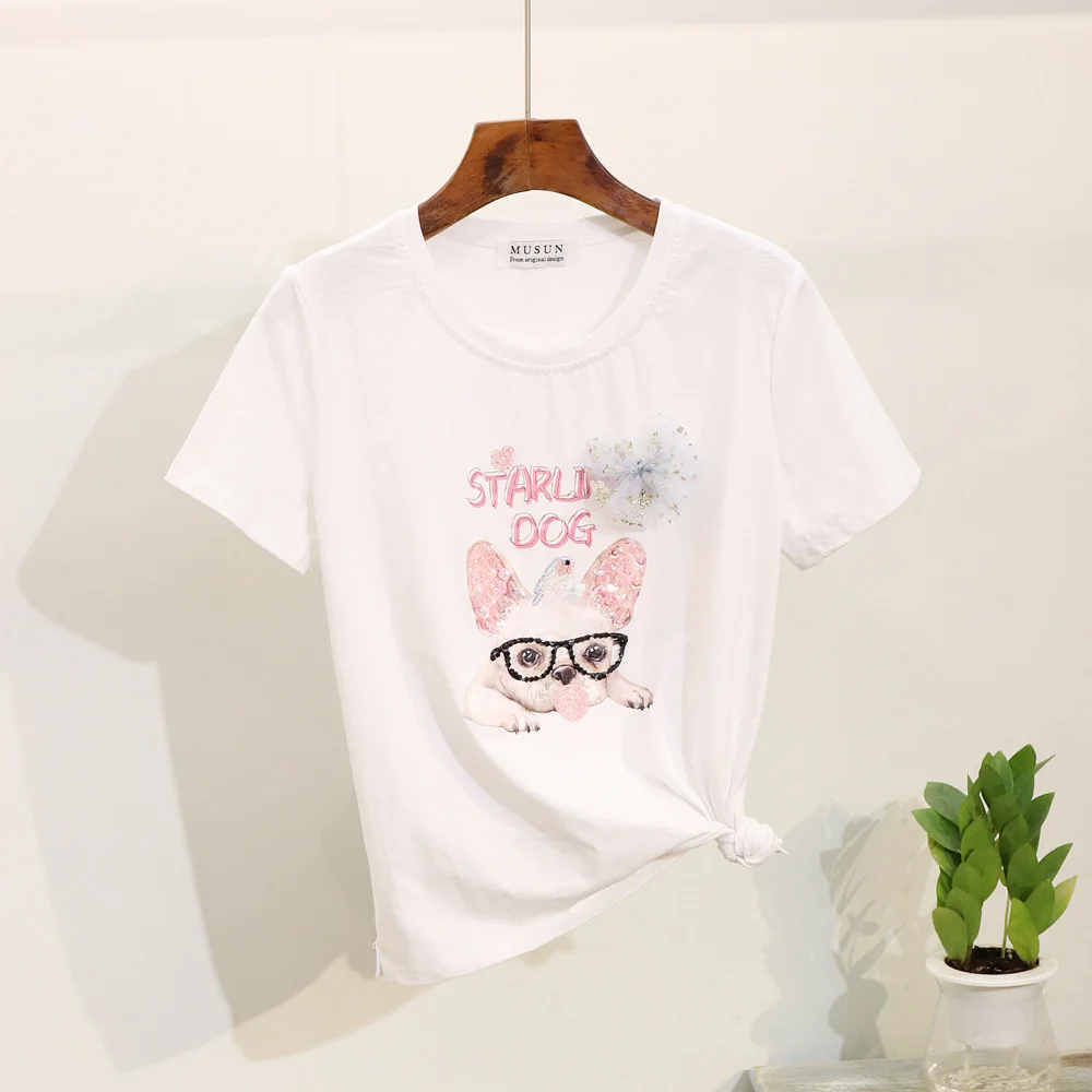 Летняя женская футболка 2020 топы модная с короткими рукавами и принтом собаки из