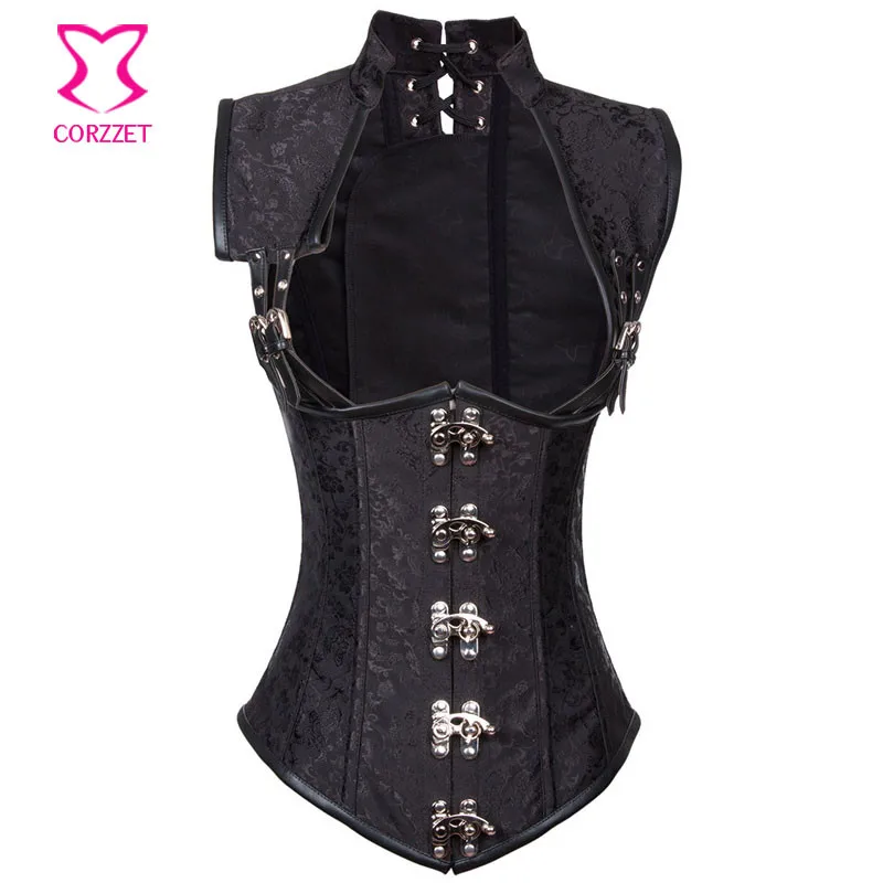 Корсет женский черный с воротником на пуговицах в стиле стимпанк|underbust corset|corsets and
