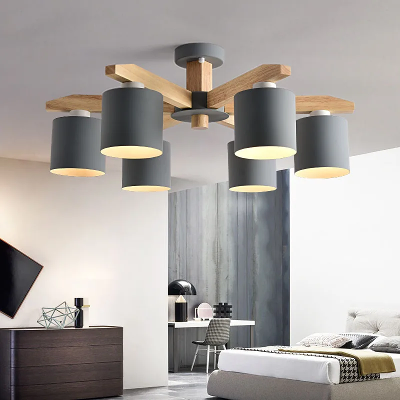 

Modern Nordic Solid Wood LED Ceiling Chandelier E27 With Iron Lampshade Creative Lighting Fixtures Lamparas Colgantes Wooden