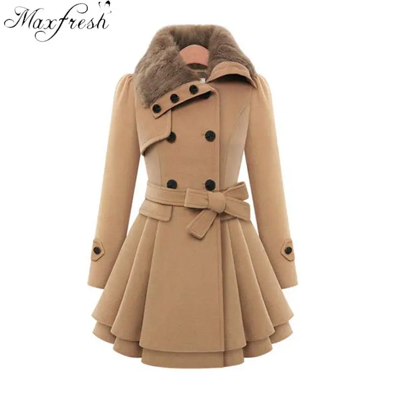 Maxfresh Woolen Double Breasted Winter Jacket Women Belt Thick Coat | Женская одежда