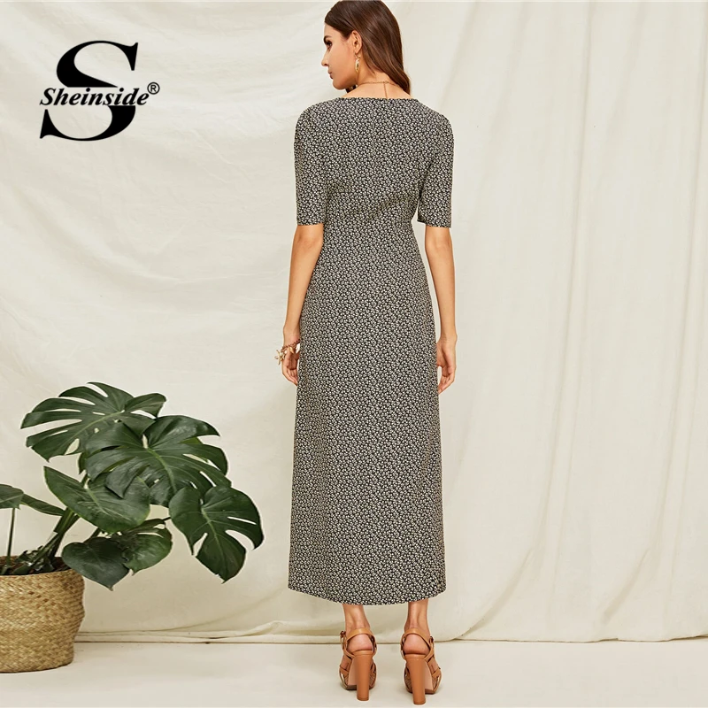 Sheinside Boho Цветочный принт с v-образным вырезом обёрточная юбка женское летнее платье на пуговицах ТРАПЕЦИЕВИДНОЕ ПЛАТЬЕ женское платье с высокой талией