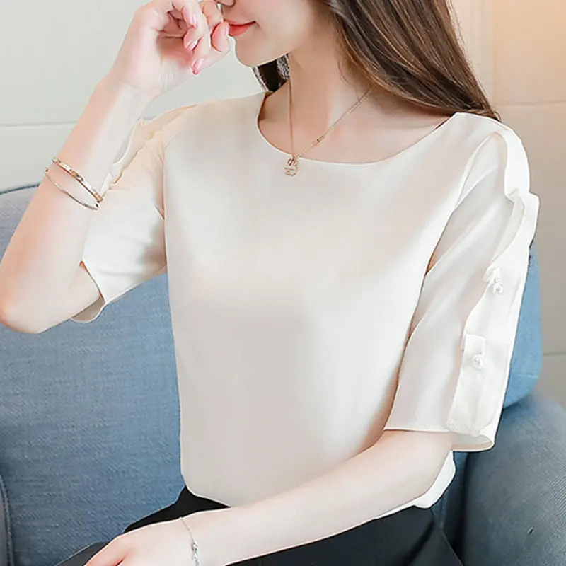 Лето Blusas Mujer 2018 женская рубашка с коротким рукавом и бисером блузка модная