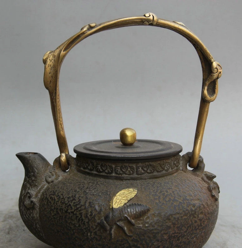 Старая Япония Японский Железный позолоченный шестиугольный цветочный чайник