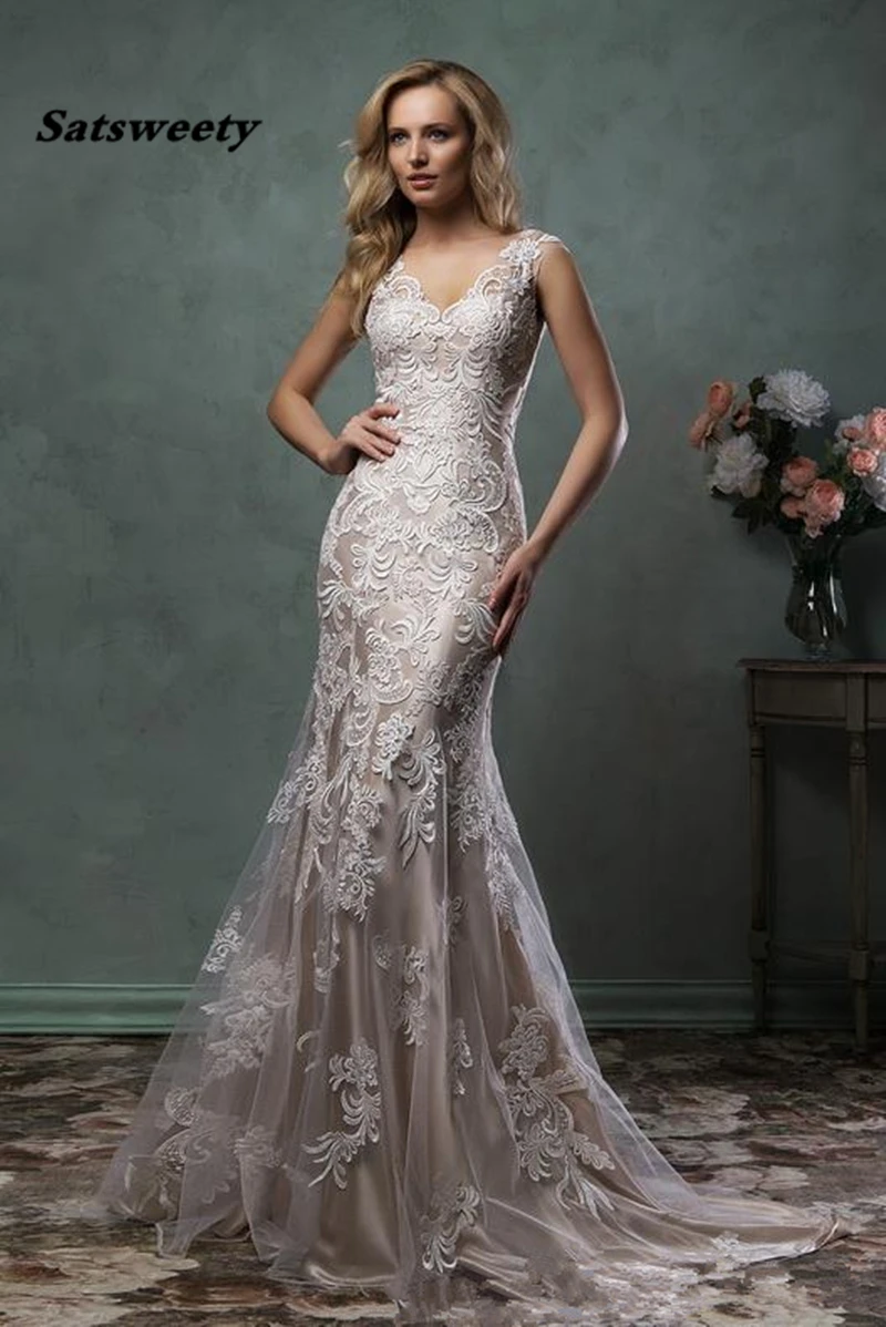 Lace Wedding Dresses Mermaid Bridal Gown With Sheer Back Covered Button Ivory Nude Court Train Amelia Sposa Custom Made | Свадьбы и