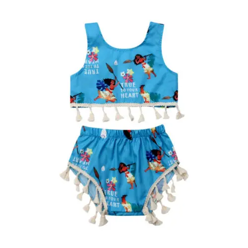 

Summer Girls Bikinis Sets Toddler Baby Girls Clothes True To Your Heart Tassels Tops Shorts Outfits Beachwear