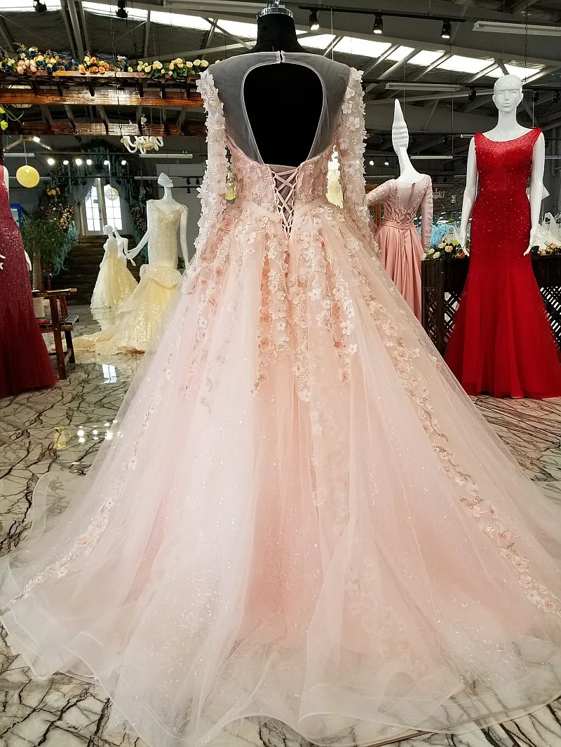 Женское вечернее платье до пола SSYFashion розовое с цветочным кружевом длинными