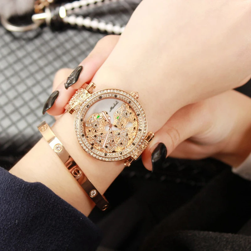 Для женщин Большой Бриллиантовый Браслет Часы! Роскошные Кристалл часы Leopard