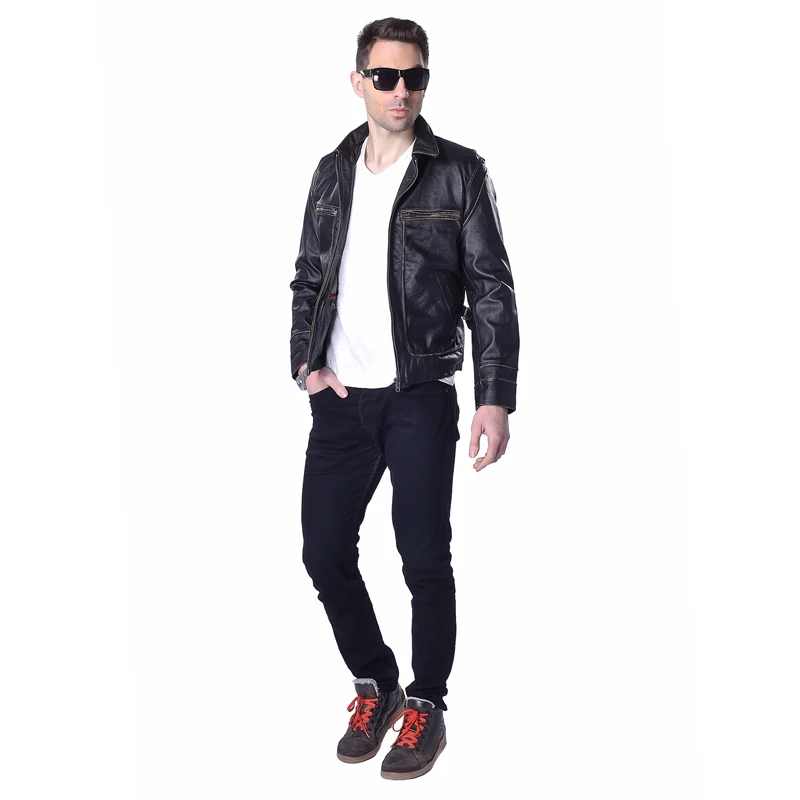 Мужская кожаная куртка винтажная коричневая мотоциклетная бомбер из 100%