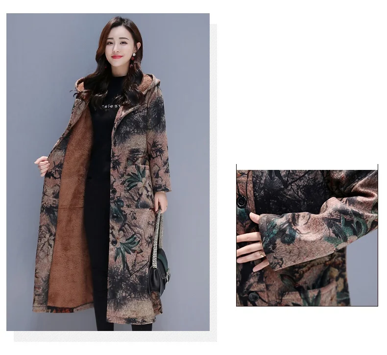

Winter Large size clothing for women Long sleeve Hooded Woolen coat trend Vintage printing coat Thicken Long Ladies coats 2290
