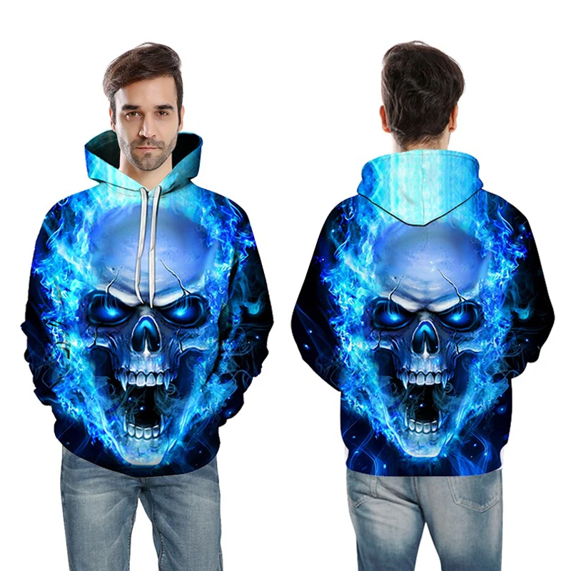 New Blue Flame Skull Hoodies 3D Sweatshirts Men Women Hooded Loose Tracksuits Autumn Winter Coat Streetwear Funny Jackets Hoodie | Мужская