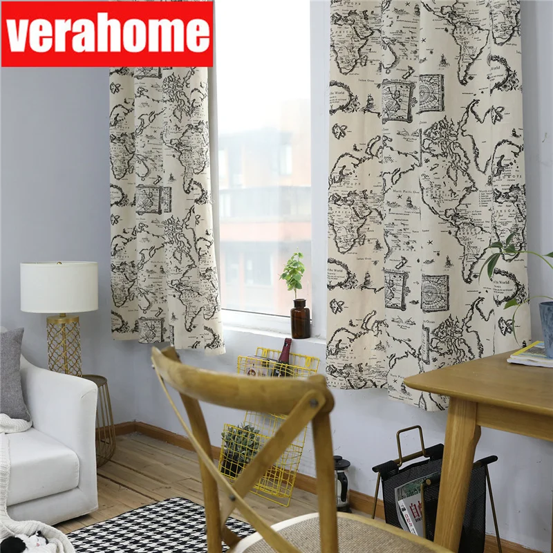 Американский кантри Современная карта черный хлопок льняные шторы для гостиной