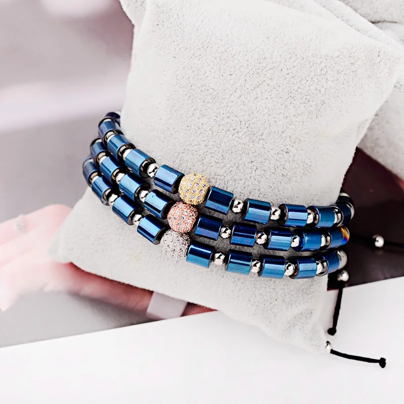 OIQUEI 2020 Luxury Jewelry White Zircon Balls Bradied Bracelets Men Geometric Blue Hematite Stone Yoga Bracelet Hommes pulseira | Украшения