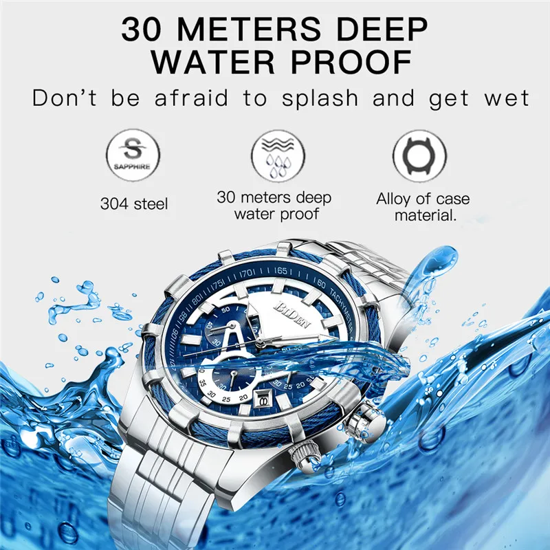 BIDEN Men Watch Top Brand Luxury Chronograph Military Sport Male Clock Steel Business Quartz Wristwatch relogio masculino 0117 | Наручные