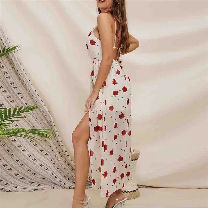 Летнее женское платье с цветочным принтом открытыми плечами разрезом для