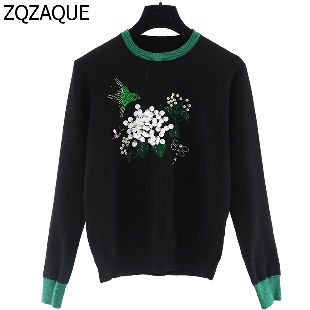 

Fall Winter European and American Luxury Design Beading Bird Sequined Florals Sweater Womens Embroidery Leaf Knitted Tops SY1236