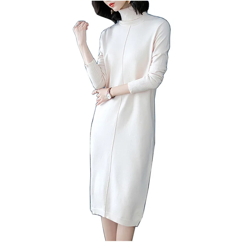 

Plus size long pullover dress female spring autumn new loose ladies solid color slim knit jacket women Cashmere Turtleneck Dress