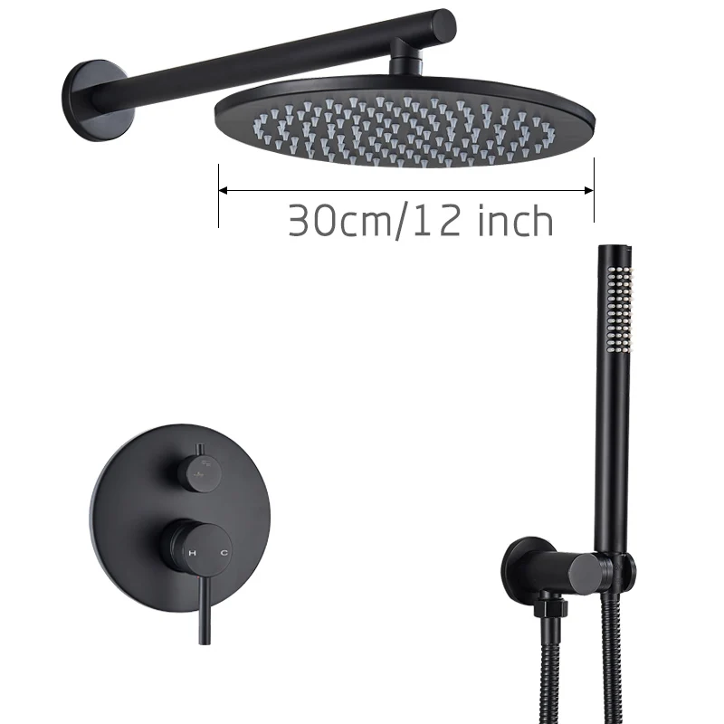 12 inch Wall Mounted Матовый черный душевой кран из латуни осадков скрытый смеситель для душа кран в стену 8/10/12/1" Дождь Насадки для душа переключающий клапан - Цвет: 12 inch Wall Mounted