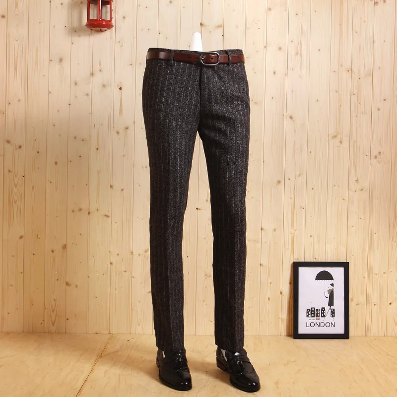 

HIGH QUALITY spring autumn men slim korean style casual thicken deep grey stripe pant business wedding groom suits long pants