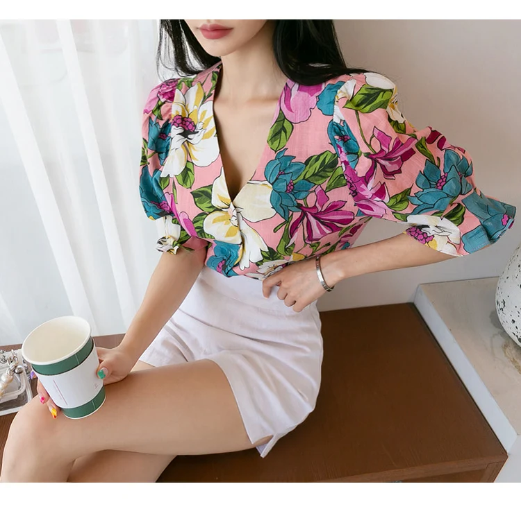 Женский комплект из 2 предметов блузка хлопка и льна с цветочным принтом рукавами