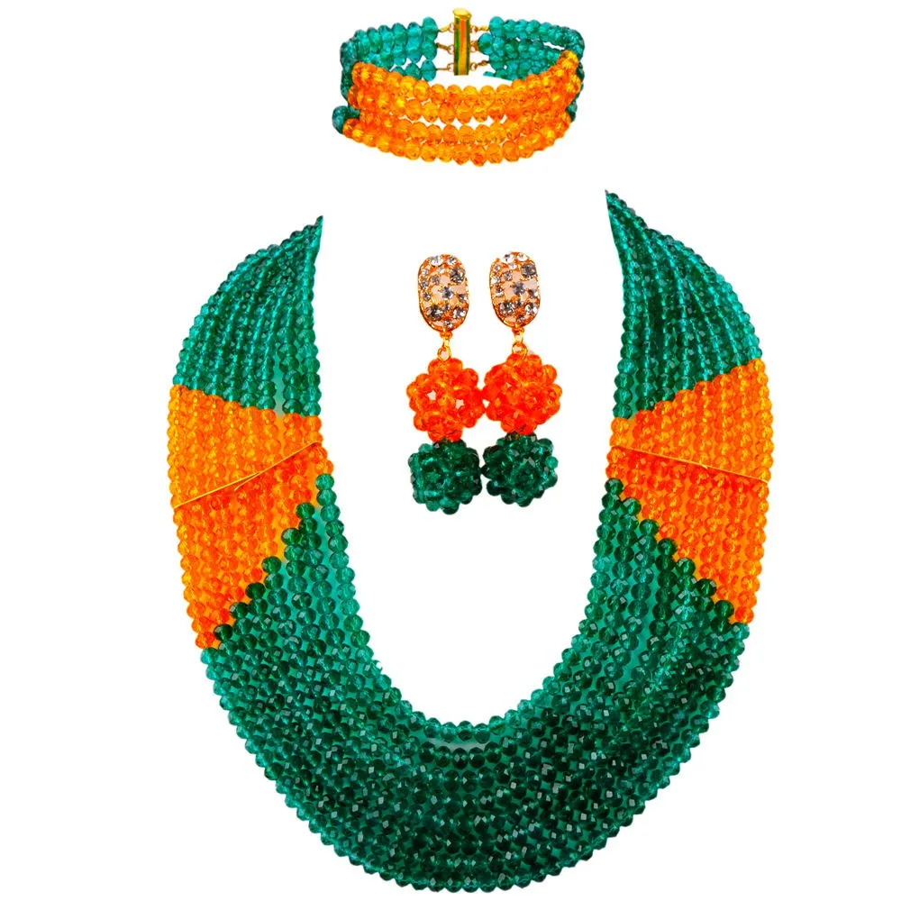 

Fashion Army Green Orange Crystal Beaded Necklace Nigerian Wedding African Beads Jewelry Set for Women 8LBJZ01