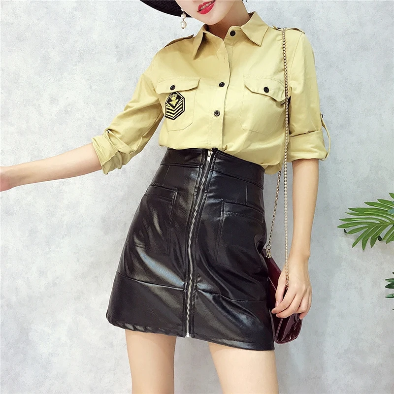 2017 Hot Sale Cotton Polyester Tracksuits Autumn New Women's Polo Shirt Embroidered Jacket Leather Skirt Suit Female Fashion | Женская