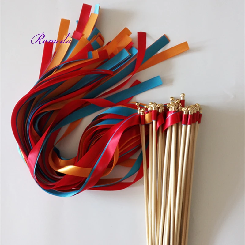 

50pcs/lot orange red blue 3 pcs stain ribbon wedding wands stick Streamers With gold Bells for wedding