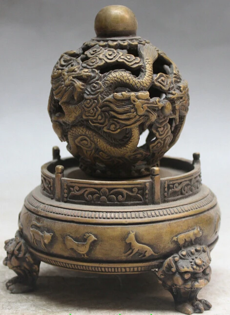 SCY 7&quot Chinese Bronze Dragon Play Bead Animal Lion Head Beast Rotate FengShui Ball S0706 | Statues &amp Sculptures