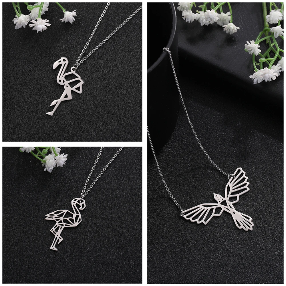 Teamer Stainless Steel Chain Necklace Owl Cock Flamingo Swallow Hollow Geometric Animal Pendant Chokers Female Gifts | Украшения и
