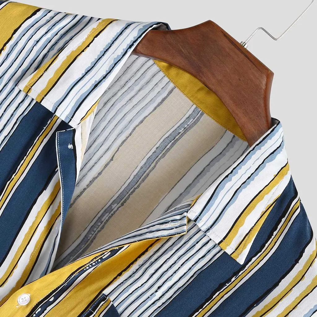 

Men's Summer Hawaiian Shirt 2021 Short Sleeve Loose Buttons Colorful Stripe Shirts Vacation Beach Blouses Tops Chemise Homme