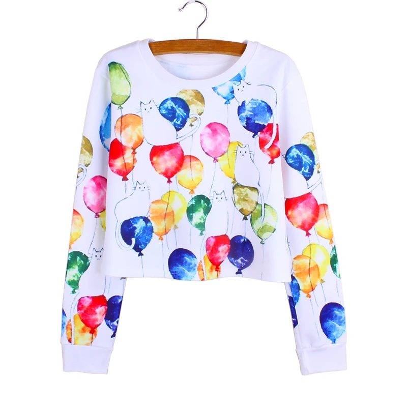 Женский Укороченный свитшот с рисунком кота и воздушных шаров повседневный