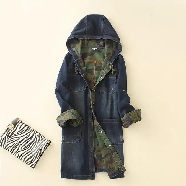 

Women Camouflage Pocket Long Sleeve Coats New Brand Single-Breasted Long Denim Hooded Windproof Bf Jacket Camouflage Cowboy