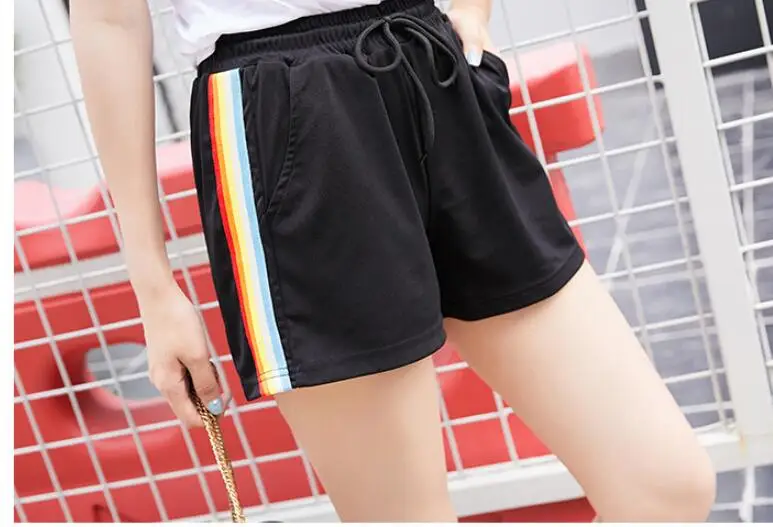 Летние женские радужные полосатые шорты со средней талией свободные с завязкой