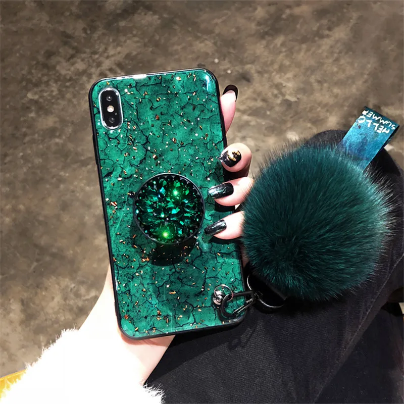 Мраморный Гладкий Hairball ручной ремешок держатель блестящий золотой фольги теплый роскошный женский чехол для iPhone Xs Max XR 6 7 8 Plus