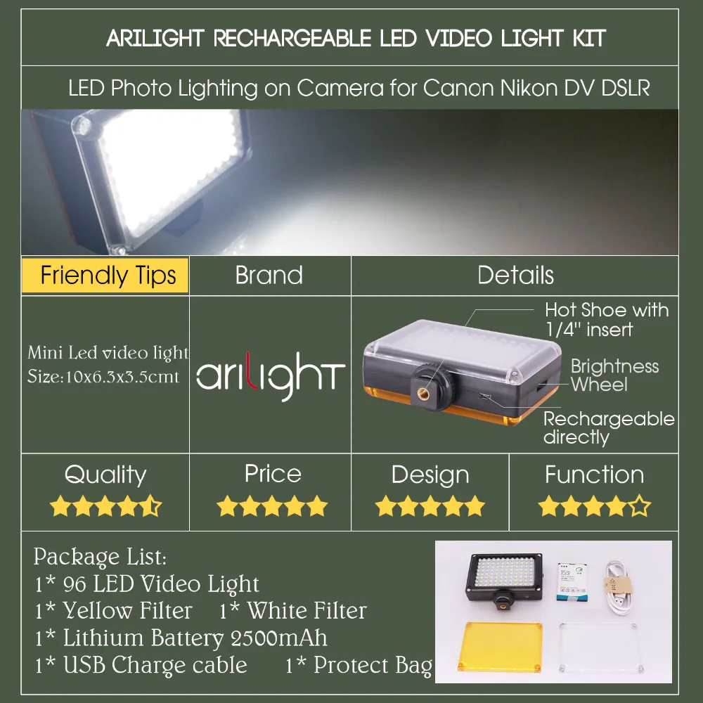 Ulanzi Arilight Перезаряжаемая видео подсветка на DSLR Камеры с Батареей и Фильтрами для