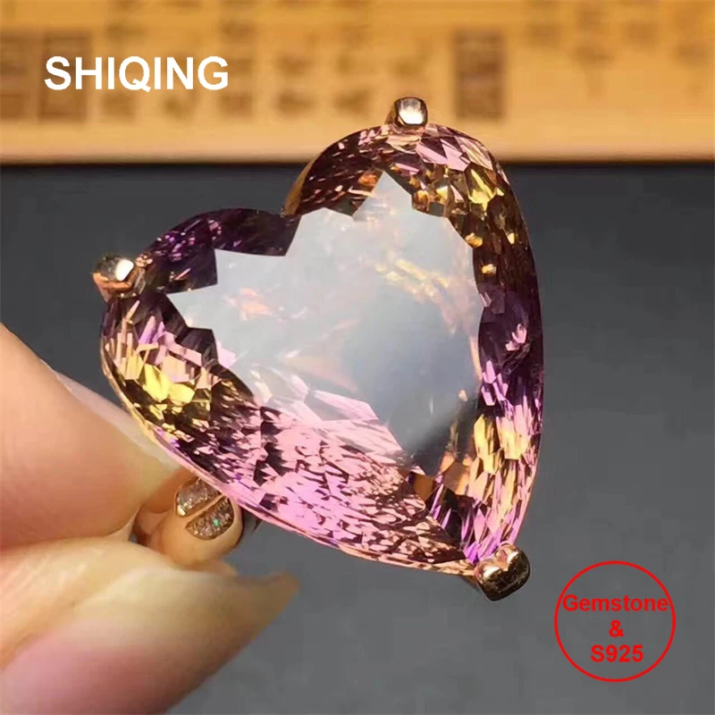 Натуральный Аметрин SHIQING Большой Серебряное кольцо с сердечком натуральных