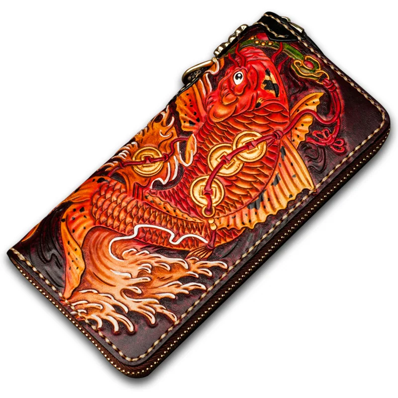 

Handmade Genuine Leather Wallets Chinese Carving Carp Bag Purses Women Men Clutch Vegetable Tanned Leather Wallet Christmas Gift