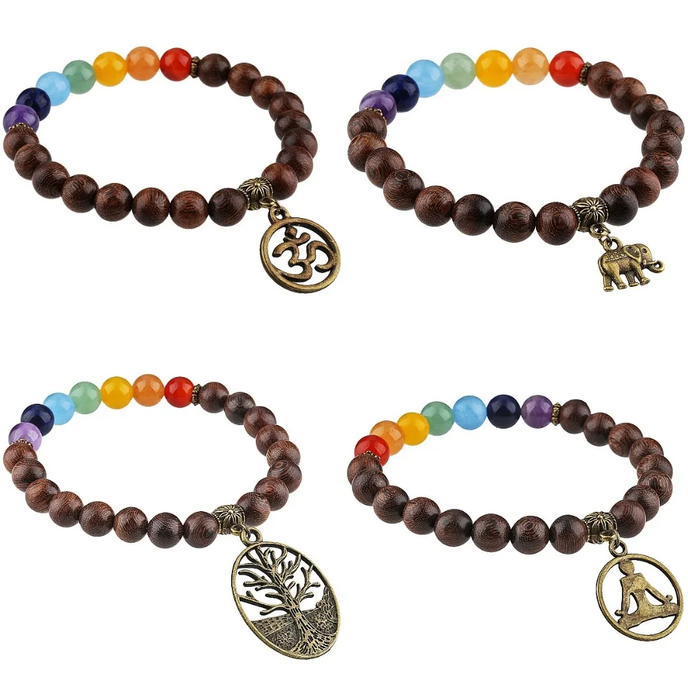 

SUNYIK 7 Chakra Healing Stone Bracelet,8mm Wood Beads Wirstband,Yoga Meditation Jewelry for Women Men
