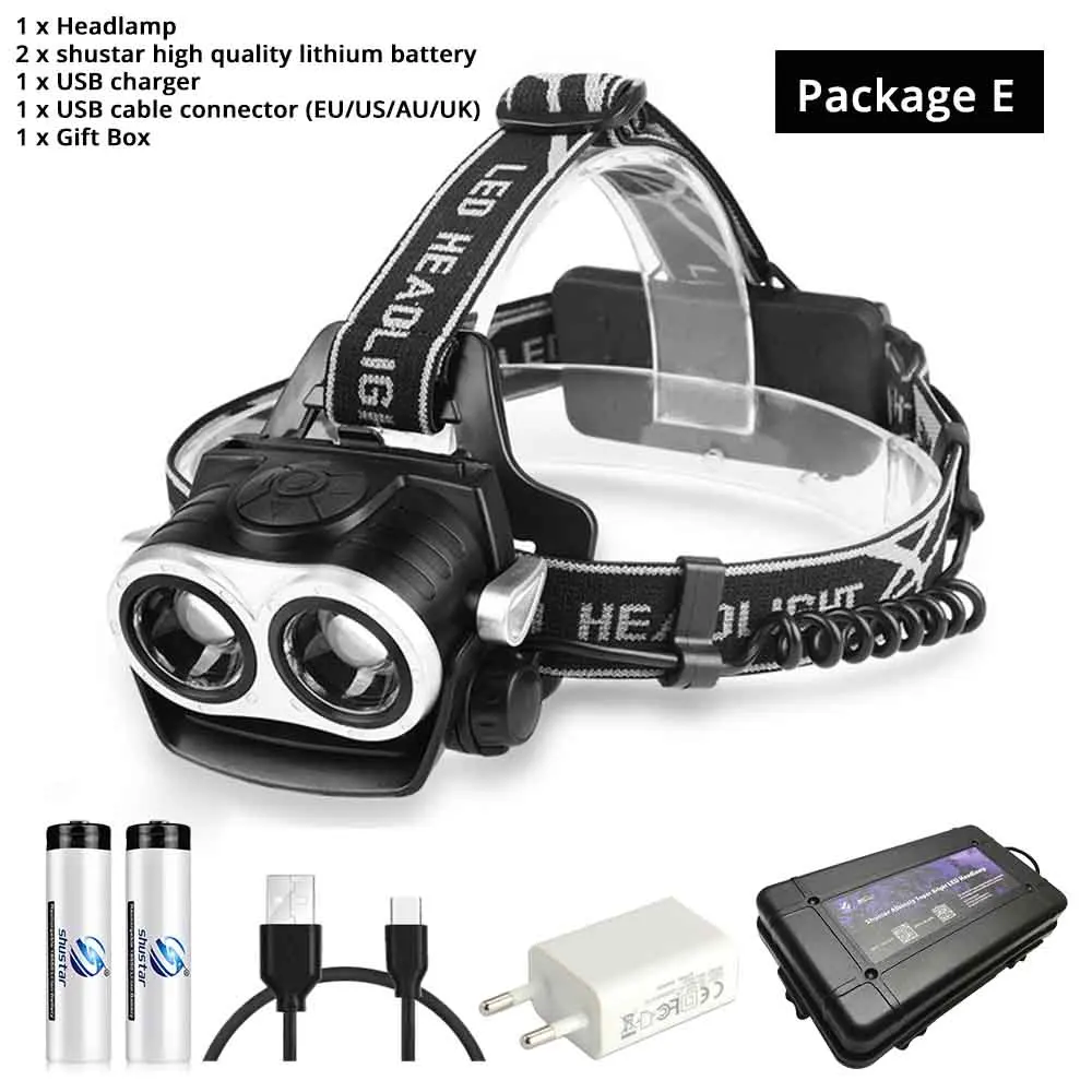 Package E Супер яркий светодиодный налобный фонарь 2xT6 светодиодный налобный фонарь с возможностью масштабирования головной светильник водонепроницаемый Головной фонарь вспышка светильник налобный фонарь рыболовный охотничий светильник - Испускаемый цвет: Package E
