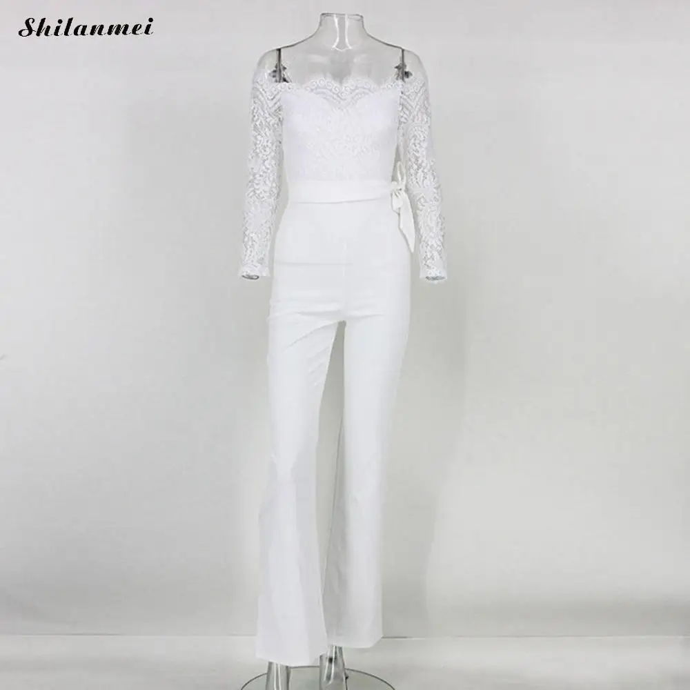 Женский кружевной комбинезон с открытыми плечами длинным рукавом и открытой