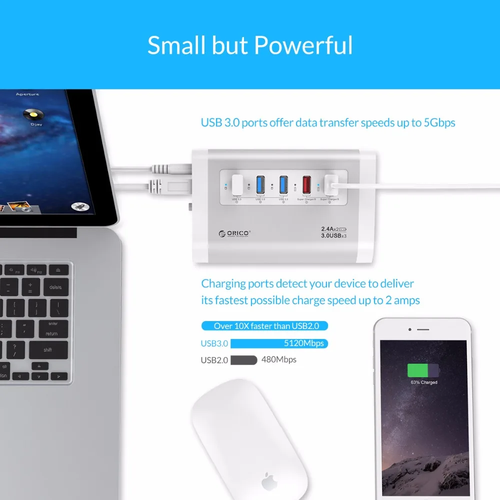 Концентратор USB 3,0 ORICO из алюминиевого сплава с 2 usb-портами для зарядки легко подключается к устройствам с адаптером питания для мобильных телефонов/планшетов