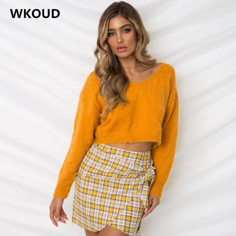 WKOUD укороченный топ 2018 мохер свитера для женщин сексуальный однотонный вязаный