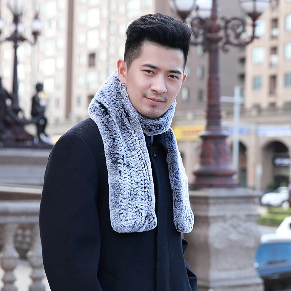 YC Fur зимний шарф для мужчин вязаный мех кролика Рекс шарфы Мужской шеи теплый длинный шарф для мужчин шарф папы