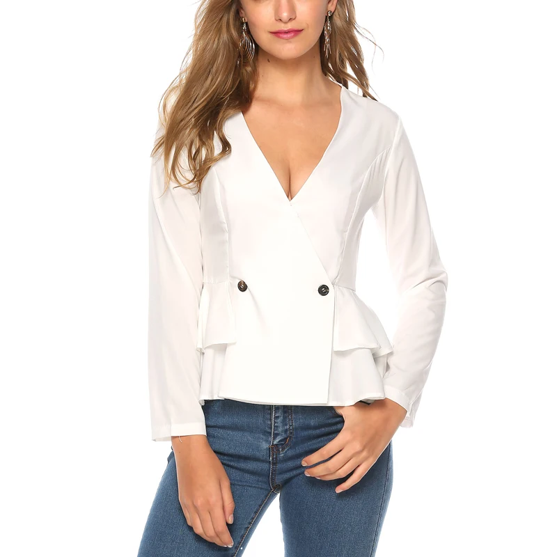 Office Lady White V-neck Blouse Female Full Sleeve Double Breasted High Street Ruffle Shirt Casual Top |