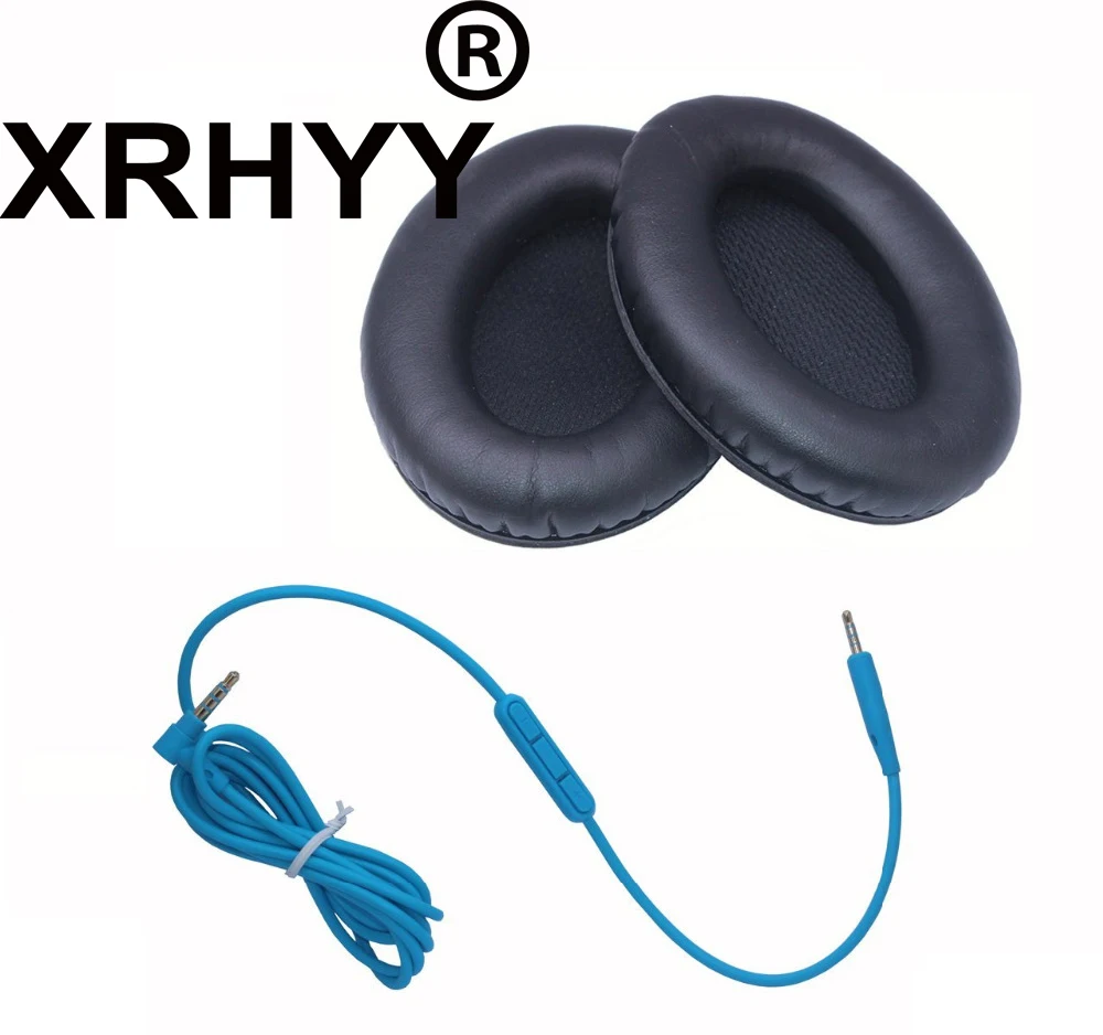 Сменный синий аудиокабель XRHYY провод с микрофоном и черными амбушюрами амбушюры