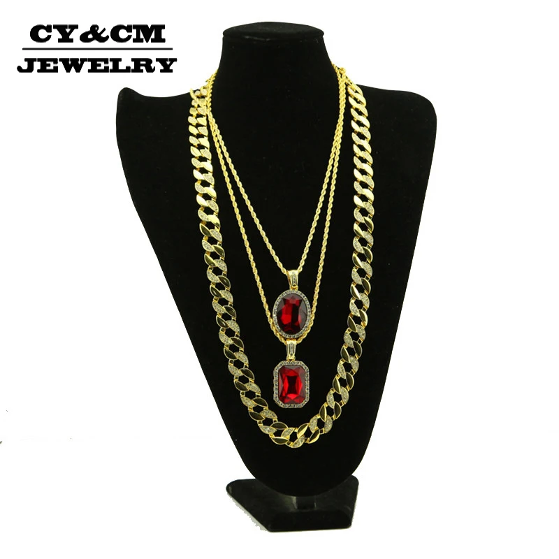 

CY&CM Luxury Full Iced Out Necklace Set Rhinestone Cuban Chain Square Oval Gem Pendant Gold Color Ice Out Bling Hiphop Jewelry