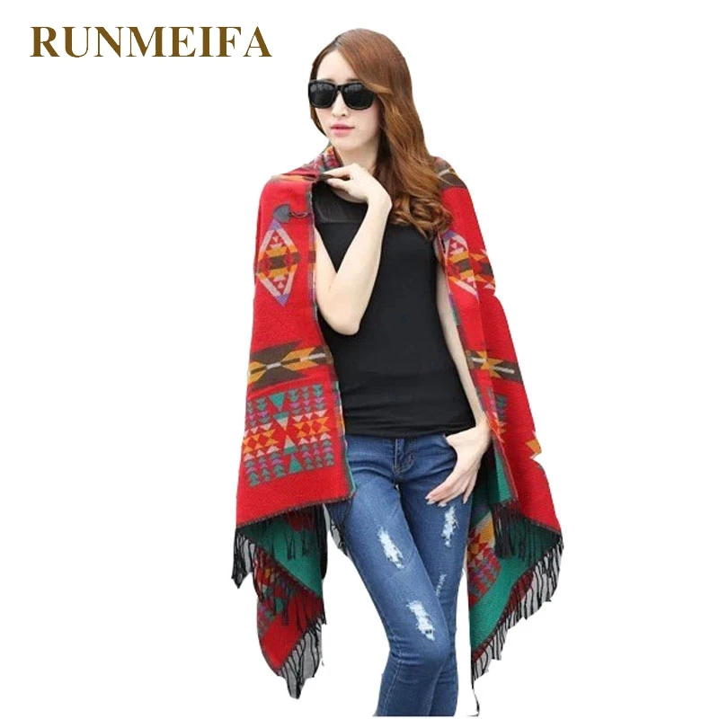 [RUNMEIFA] 2017 женское богемное пальто с капюшоном накидка пончо шаль шарф этническая