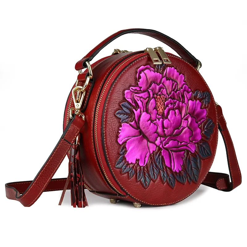 small women bag genuine leather shoulder bags embossed floral ladies leather handbag circular real leather crossbody bag