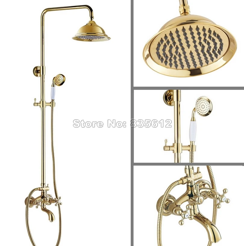 

Wall Mounted 8.2 inch Shower Head Rain Shower Faucet Set /Gold Color Brass Dual Cross Handles Bathroom Bathtub Mixer Tap Wgf453